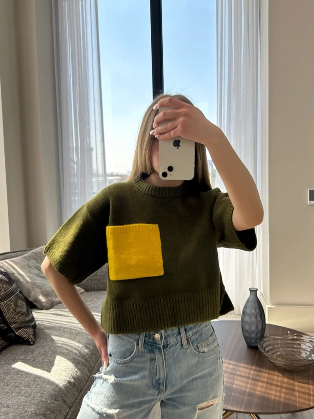 Zara Olive Green Cropped Crewneck Sweater with Yellow Patch Pocket - Picture 1 of 3